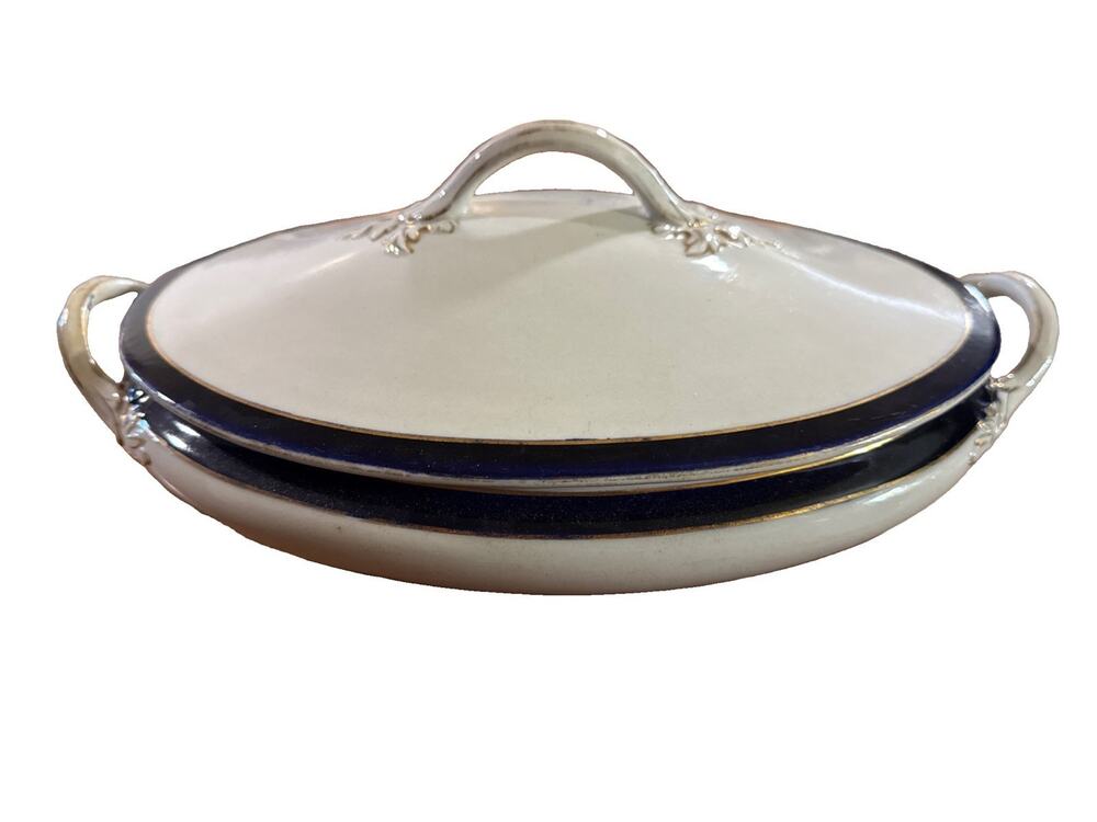 Vintage JHW & Sons Falcona Ware Tureen Covered Serving Dish Cobalt Blue Gold 30s